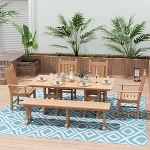 Hayes 6-Piece HDPE Plastic Outdoor Patio Rectangle Table Dining Set with Bench and Armchairs in Teak