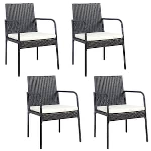4-Pieces Patio All-Weather Wicker Rattan Outdoor Dining Chairs Armrest with White Cushions Garden