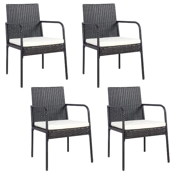 HONEY JOY 4-Pieces Patio All-Weather Wicker Rattan Outdoor Dining Chairs Armrest with White Cushions Garden