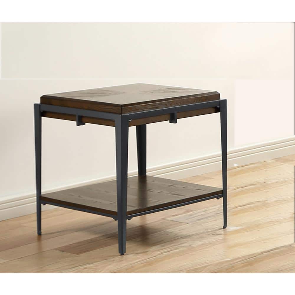 Espresso Ash Veneer and Iron Frame End Table with Shelf