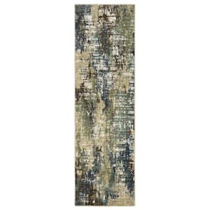 Ross Blue/Green 2 ft. x 8 ft. Distressed Abstract Polypropylene/Polyester Fringed Indoor Runner Area Rug