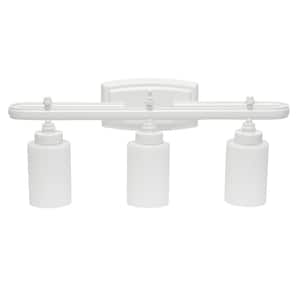 23.50 in. 3-Light White Metal and Opaque White Glass Shade Vanity Wall Fixture with Rectangle Backplate
