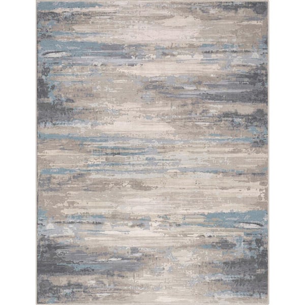 Beige Blue 5 ft. 3 in. x 7 ft. 3 in. Abstract Tuscany Mid-Century Modern Brushstroke Flat-Weave Area Rug