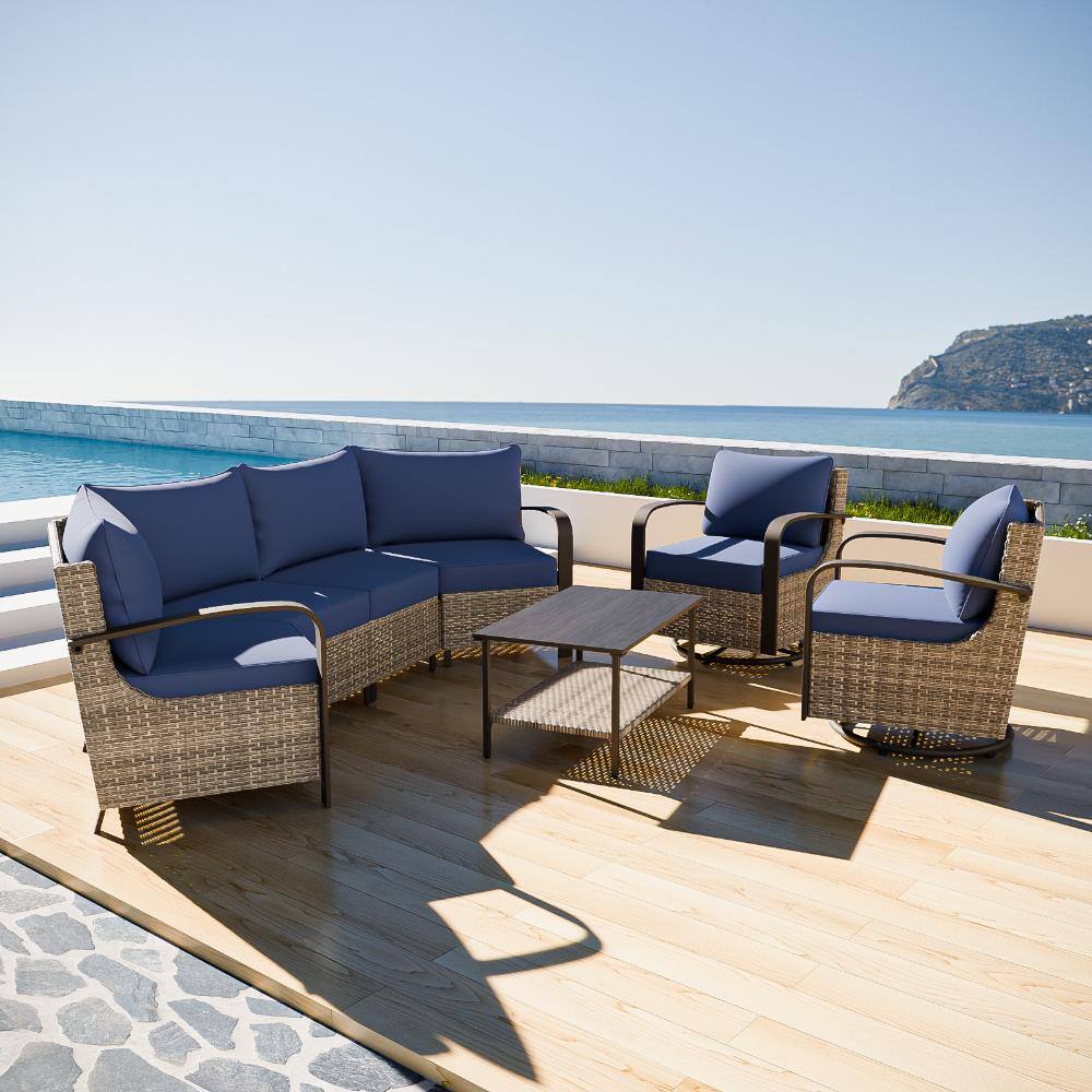 6-Seat Half-Moon Wicker Sectional Set Patio Conversation Set w/ Couch, Rocking & Swivel Chair, Coffee Table, Blue