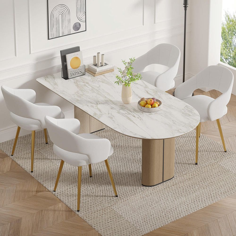 VECELO Elegant White Velvet Dining Chairs with Gold Metal Legs
