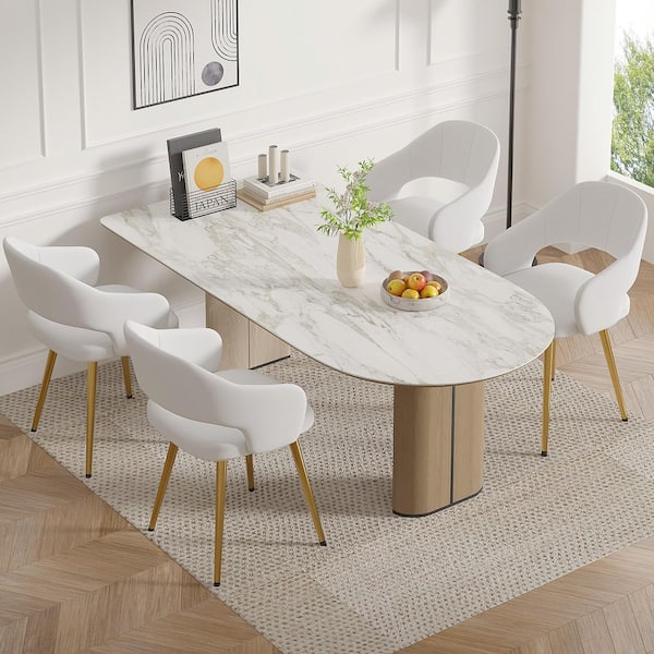 Elegant White Velvet Dining Chairs with Gold Metal Legs-Modern Upholstered Dining Room Chairs, Set of 4
