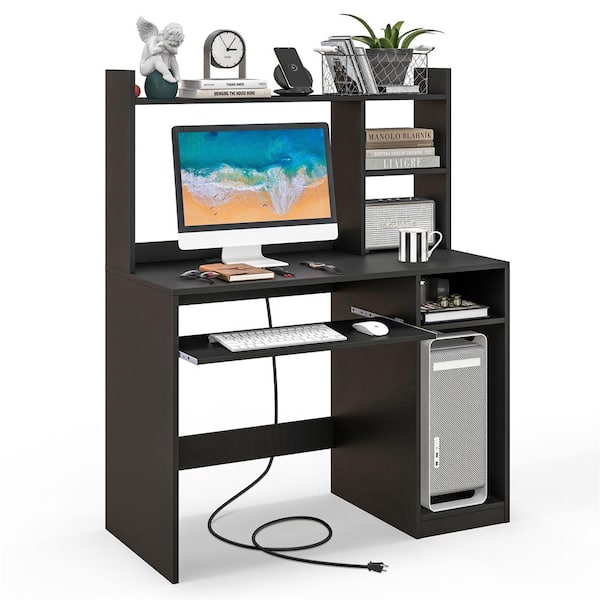 43.5 in. Black Computer Desk with Storage Shelf Wooden Writing Desk with Hutch and CPU Stand and Keyboard Tray