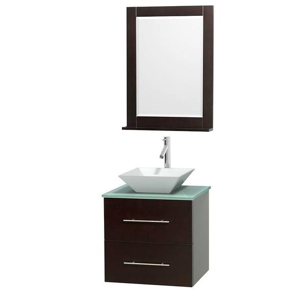 Wyndham Collection Centra 24 in. Vanity in Espresso with Glass Vanity Top in Green, Porcelain Sink and 24 in. Mirror