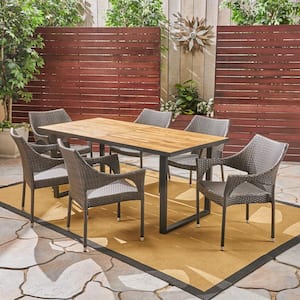 Welch Teak Brown 7-Piece Wood and Multi-Brown Faux Rattan Outdoor Dining Set