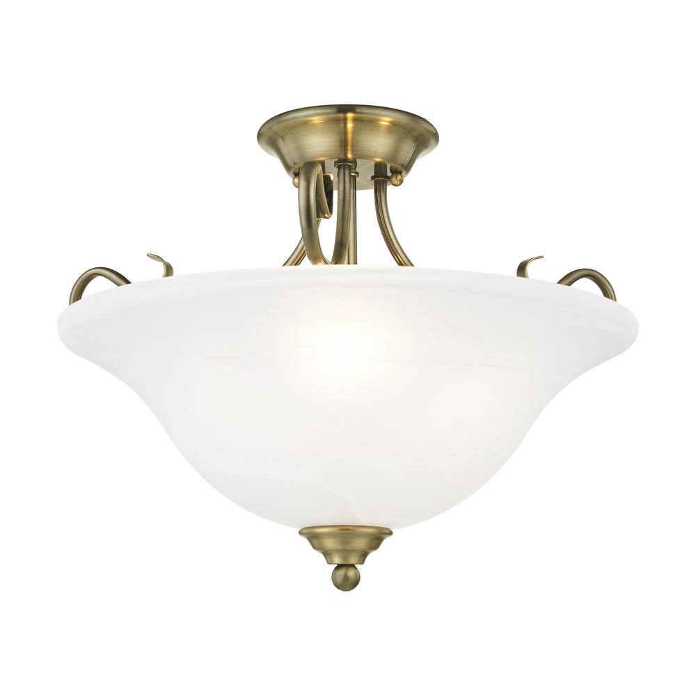 Antique Brass 3-Light Semi-Flush Mount with White Alabaster Glass