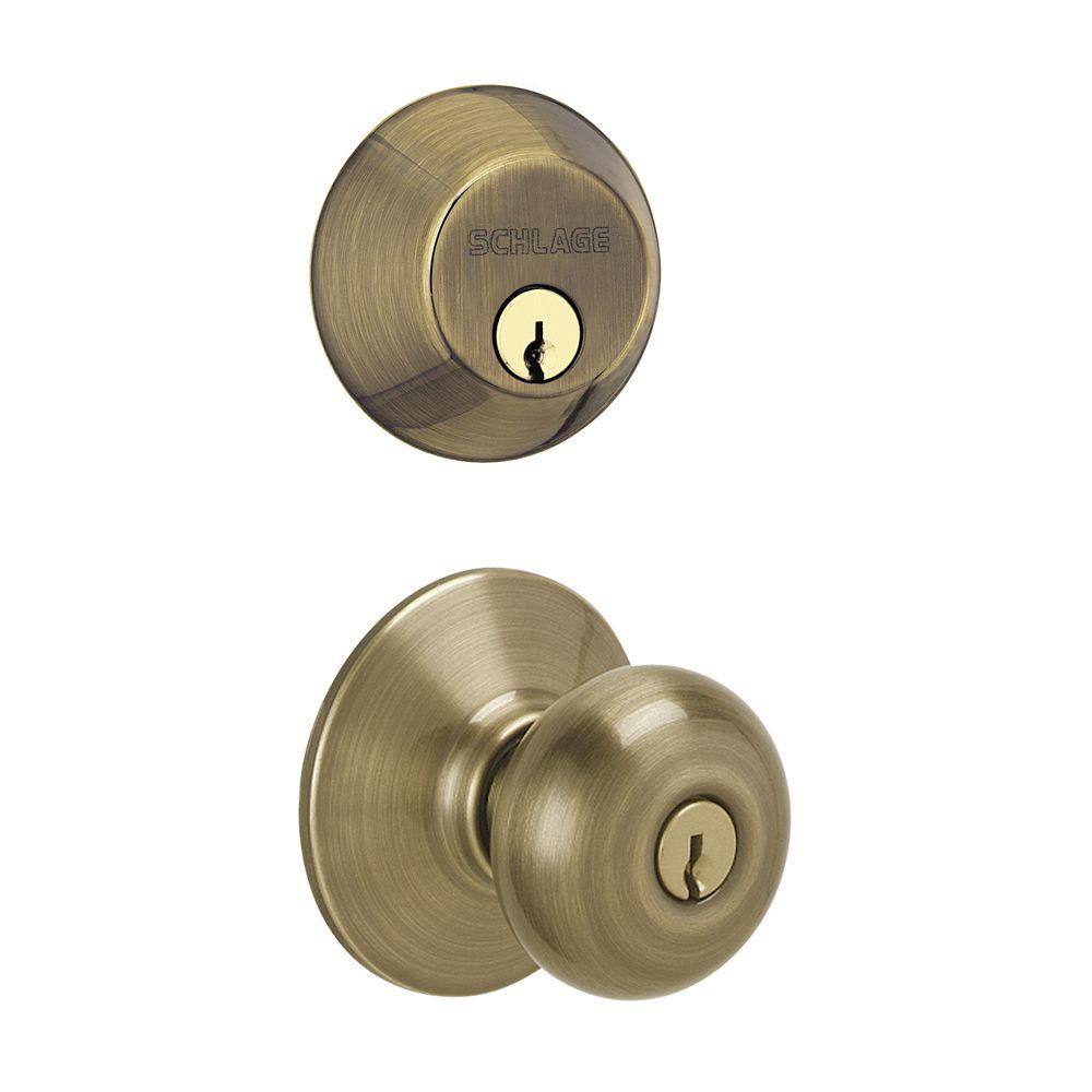 Schlage Plymouth Single Cylinder Antique Brass Knob Combo Pack FB350 V