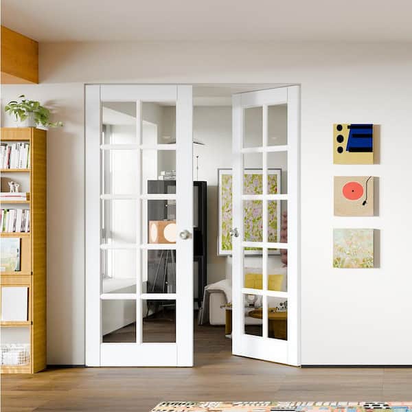 64 in. x 80 in. Composite, MDF, 10-Lite, Clear Glass, Primed, White Interior Door Slab with Silver Sphere Doorknob