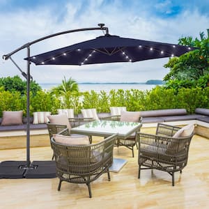 10 ft. Patio Offset Solar LED Umbrellas 50 Plus UV Protection Cantilever Outside Umbrellas, Navy Blue