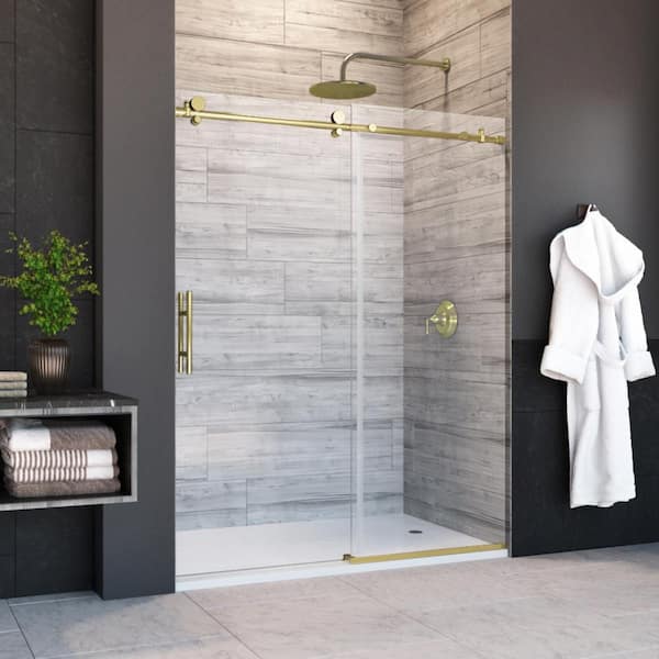 Holcam Eclipse 60 in. W x 76 in. H Frameless Sliding Bathtub Door in Brushed Gold with Clear Glass