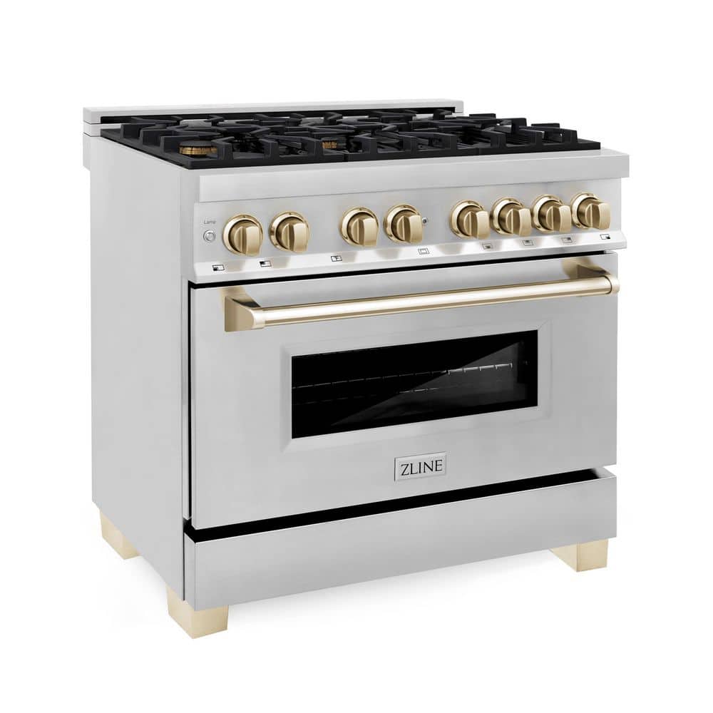 Buiten Ruïneren ochtendgloren ZLINE Kitchen and Bath Autograph Edition 36" 4.6 cu. ft. Dual Fuel Range  with Gas Stove and Electric Oven in Stainless Steel and Gold Accents  RAZ-36-G - The Home Depot