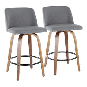 Toriano 26 in. Walnut and Grey Fabric Counter Stool with Round Black Footrest (Set of 2)