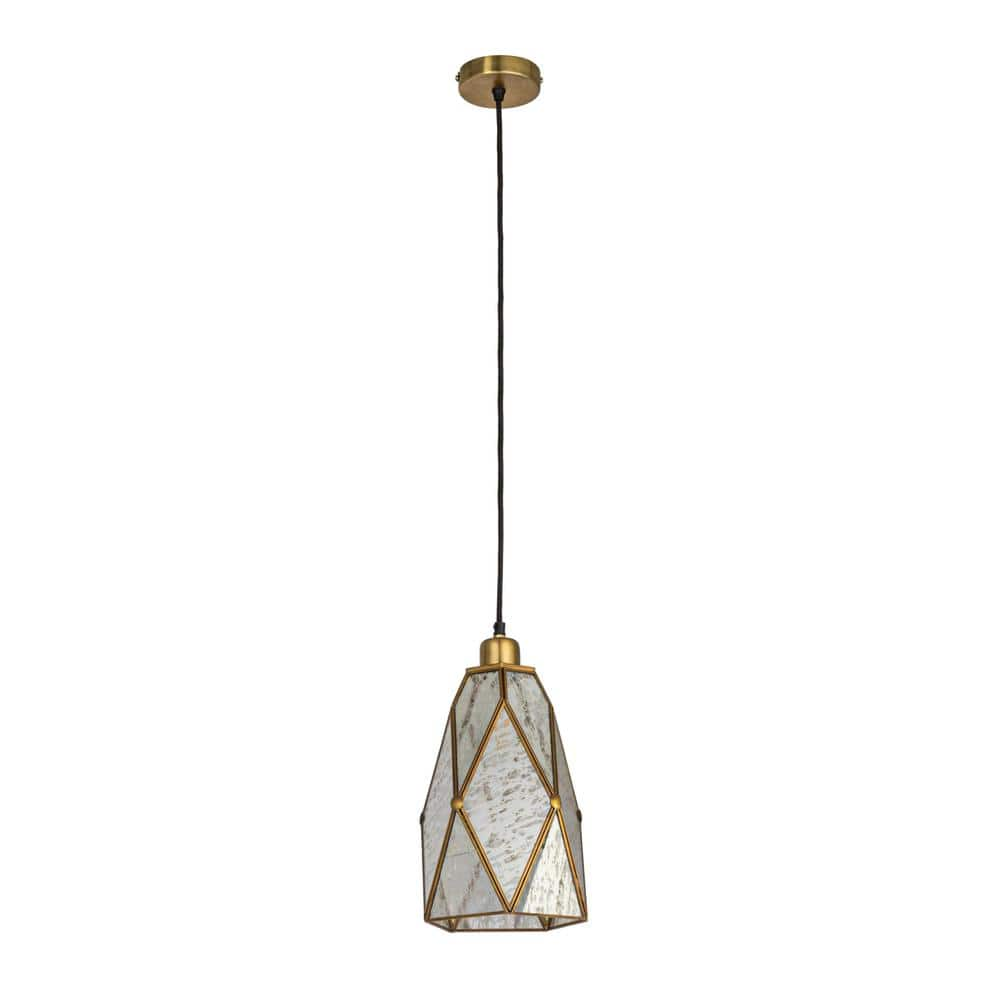 1-Light Gold Diamond Design Antiqued Mirrored Mercury Pendant Light with Glass Shade