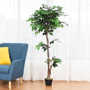 5 . 5 ft. Green Artificial Ficus Silk Tree with Wood Trunks in Pot, Faux Plants