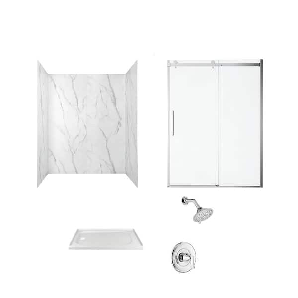 American Standard Passage 60 in. x 72 in. Left Drain 4-Piece Glue-Up Alcove Shower Wall Door Chatfield Shower Kit in Serene Marble