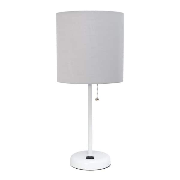 Creekwood home 19.5 in. White/Gray Contemporary Bedside Power Outlet Base Standard Metal Table Lamp with Fabric Shade