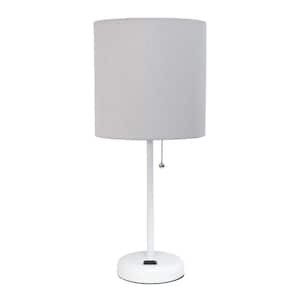 19.5 in. White/Gray Contemporary Bedside Power Outlet Base Standard Metal Table Lamp with Fabric Shade