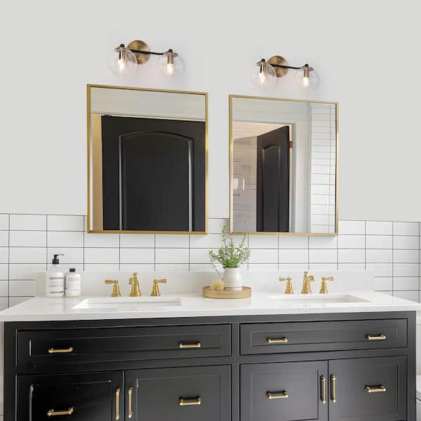 Mid-century 14.5 in. 2-Light Brass Bathroom Vanity Light, DIY Globe Seeded Glass Bath Lighting, Modern Black Wall Sconce