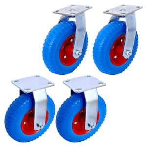 4-Piece 8 in. Flat Free Caster Wheels (2-Piece Swivel and 2-Piece Rigid), Steel Hub with Ball Bearings, Blue