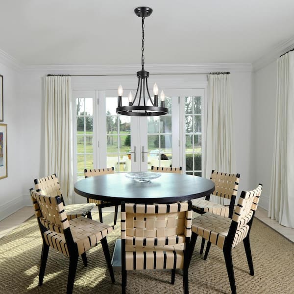 Farmhouse 4-Light Black Candle Design Iron Circle Hanging Wagon Wheel Chandelier for Dining Room with No Bulbs Included