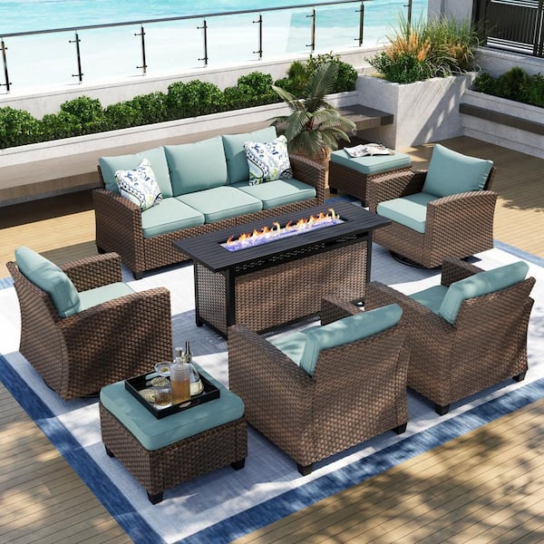 PHI VILLA Brown Rattan 9-Seat 8-Piece Steel Outdoor Fire Pit Patio Set with Blue Cushions,Swivel Chair,Rectangular Fire Pit Table