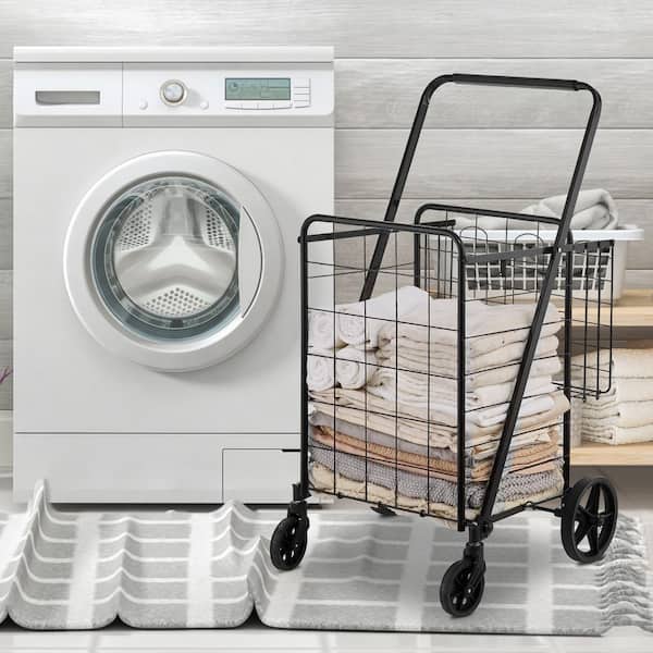 Folding Shopping Cart, Jumbo Grocery Cart with Double Baskets, 360° Swivel Wheels, Duty Utility Cart Black Kitchen Cart