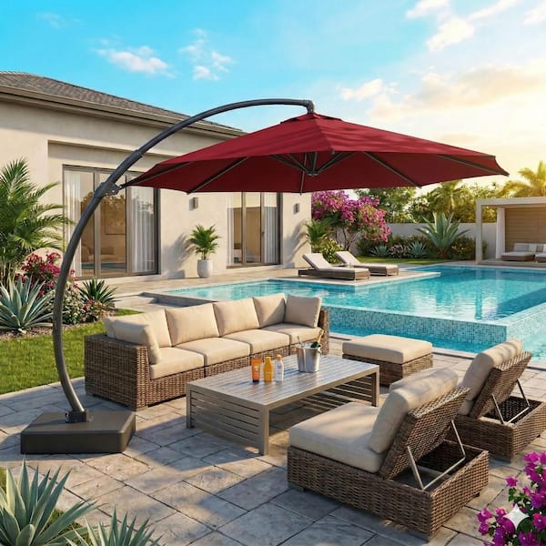GJJH 11 ft. Aluminum Market Crank and Auto-Tilt Patio Umbrella in Red  11FT-Red