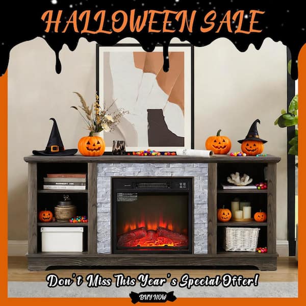 58 in. W Freestanding Wooden Modern Electric Fireplace TV Stand with Faux Stacked Stone Surround in Grey