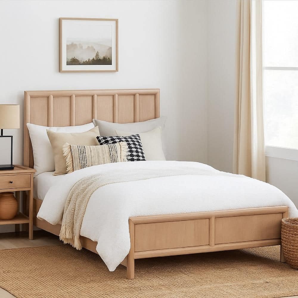 Benjara Dory Light Brown Wood Frame Queen Panel Bed with Vertical