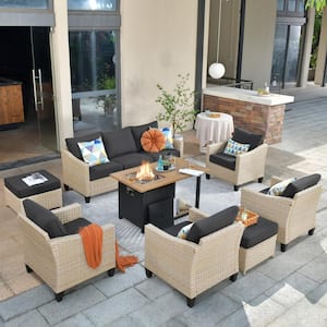Camellia B Beige 8-Piece Wicker Patio New Style Rectangular Fire Pit Seating Set with Black Cushions