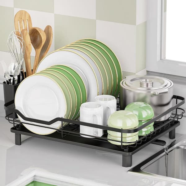 Black Dish Drainer with Drainboard-Stainless Steel Rustproof Dish Rack for Kitchenware