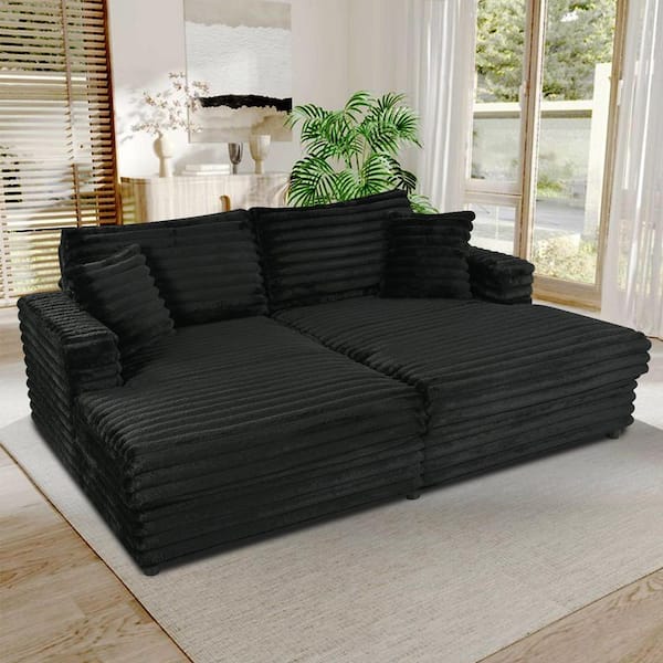 86.22 in Corduroy Fabric Sectional Sofa in Black with 2 Pillows, Sofa Bed Napping Daybed
