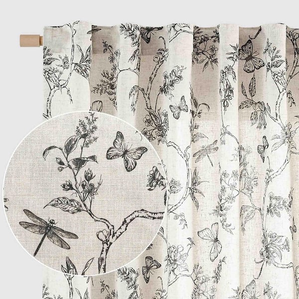 Black Floral 50 in. W x 90 in. L Back Tab Light Filtering Curtain (Set of 2)