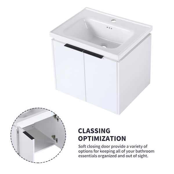 Modern 24 in. W x 18.5 in. D x 20.7 in. H Single Sink Floating Bath Vanity in White with White Ceramic Top
