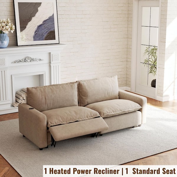 Loveseat Power Recliner Sofa, 83 in. Square Arm Khaki Linen Modular Motion Sectional Sofa with Heating, Charging Ports