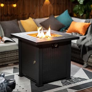 28 in. 40,000 BTU Square Steel Gas Outdoor Patio Fire Pit Table with Rocks in Brown Black