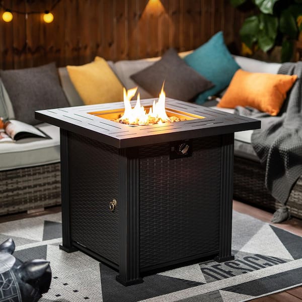 28 in. 40,000-BTU Square Steel  Outdoor Patio Fire Pit Table with Rocks in Brown Black
