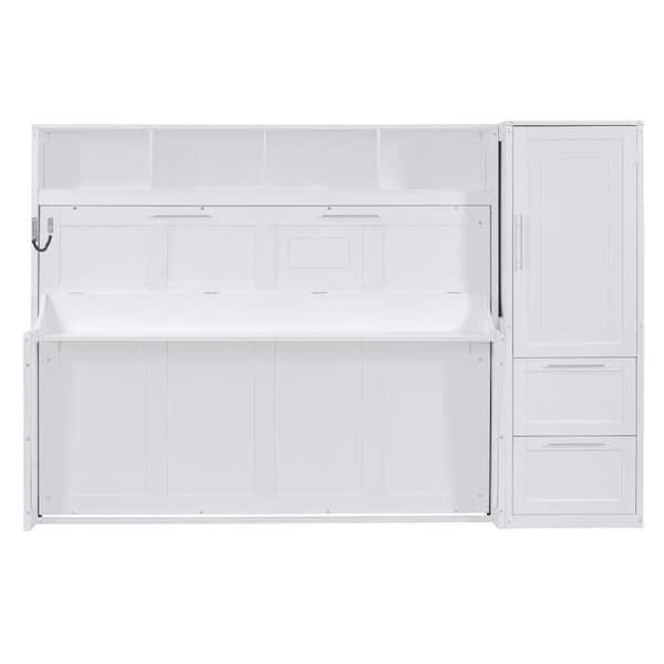 White Multifunctional Wood Frame Queen Size Murphy Bed with Closet and Drawers