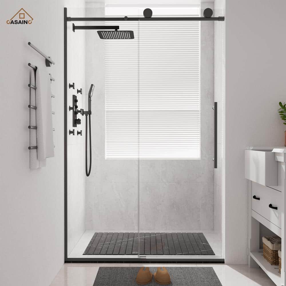 Matte Black Frameless Sliding Shower Door with Clear Tempered Glass