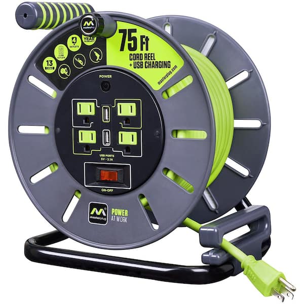 Masterplug 75 ft. 13 Amp 14 AWG Large Open Reel with USB Charging