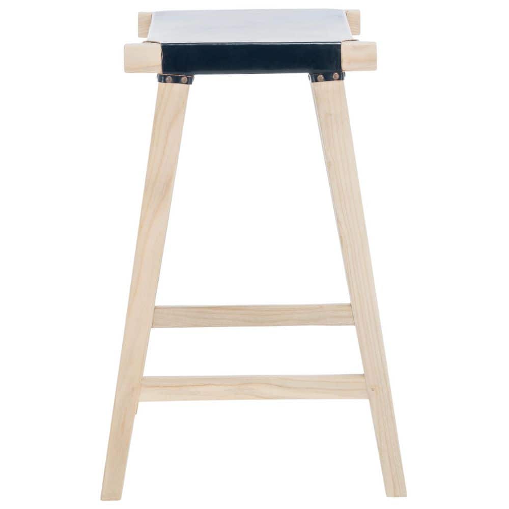 Aariz 30" Black Leather and Natural Wood Saddle Barstool