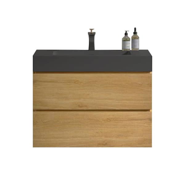 NOBLE 30 in. W x 18 in. D x 25 in. H Single Sink Freestanding Bath Vanity in Oak with Black Solid Surface Integral Top