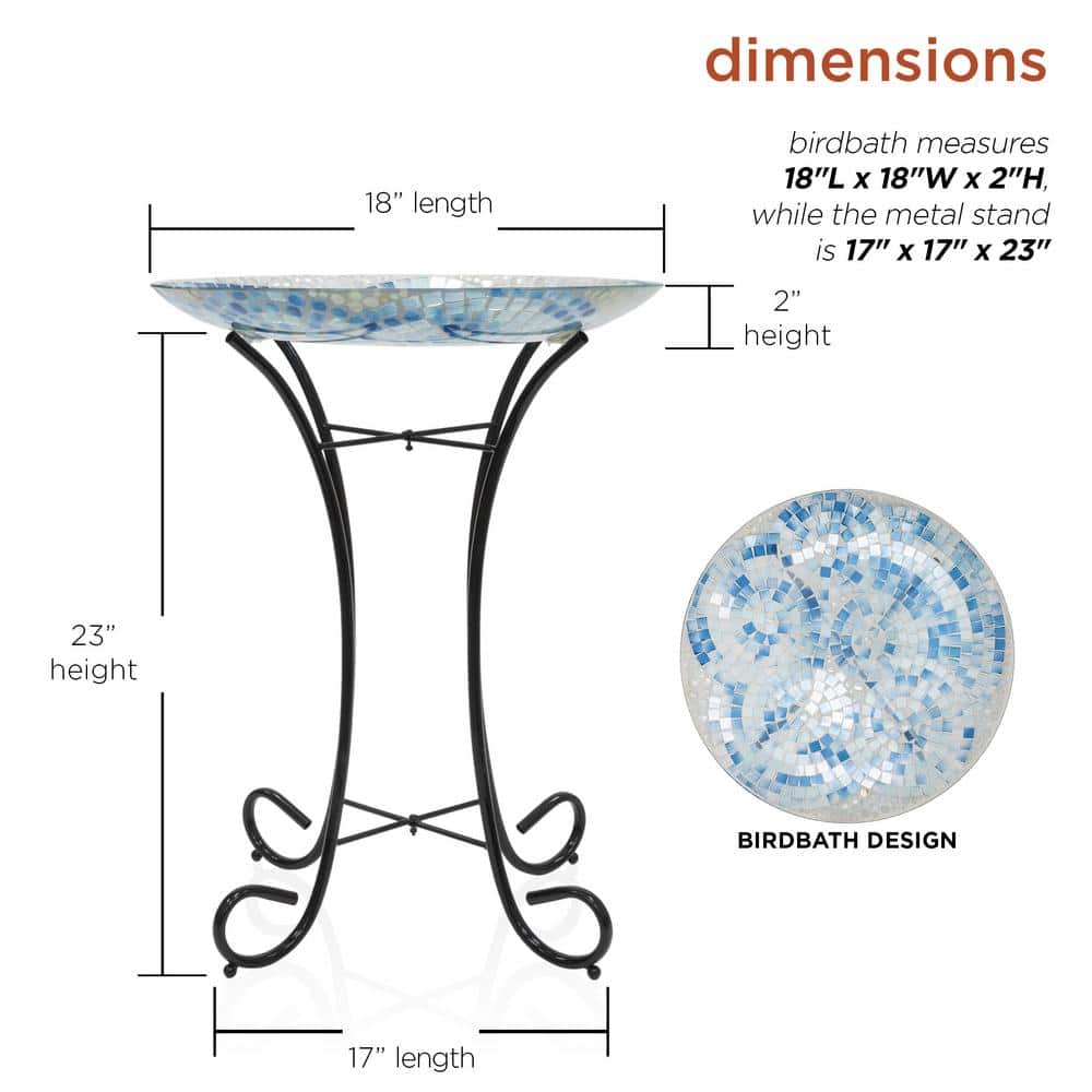 Blue Mosaic Glass Birdbath with Metal Stand, 24" Tall