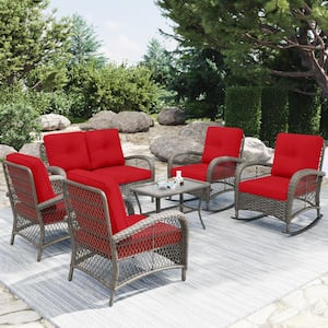 6-Piece Wicker Outdoor Patio Conversation Lounge Chair Sofa Set with Red Cushions and Coffee Table