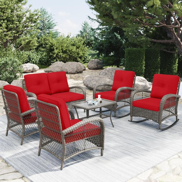 Gardenbee 6-Piece Wicker Outdoor Patio Conversation Lounge Chair Sofa Set with Red Cushions and Coffee Table
