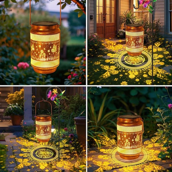 7 in. x 33 in. Bronze Metal Butterfly Solar Lanterns Outdoor